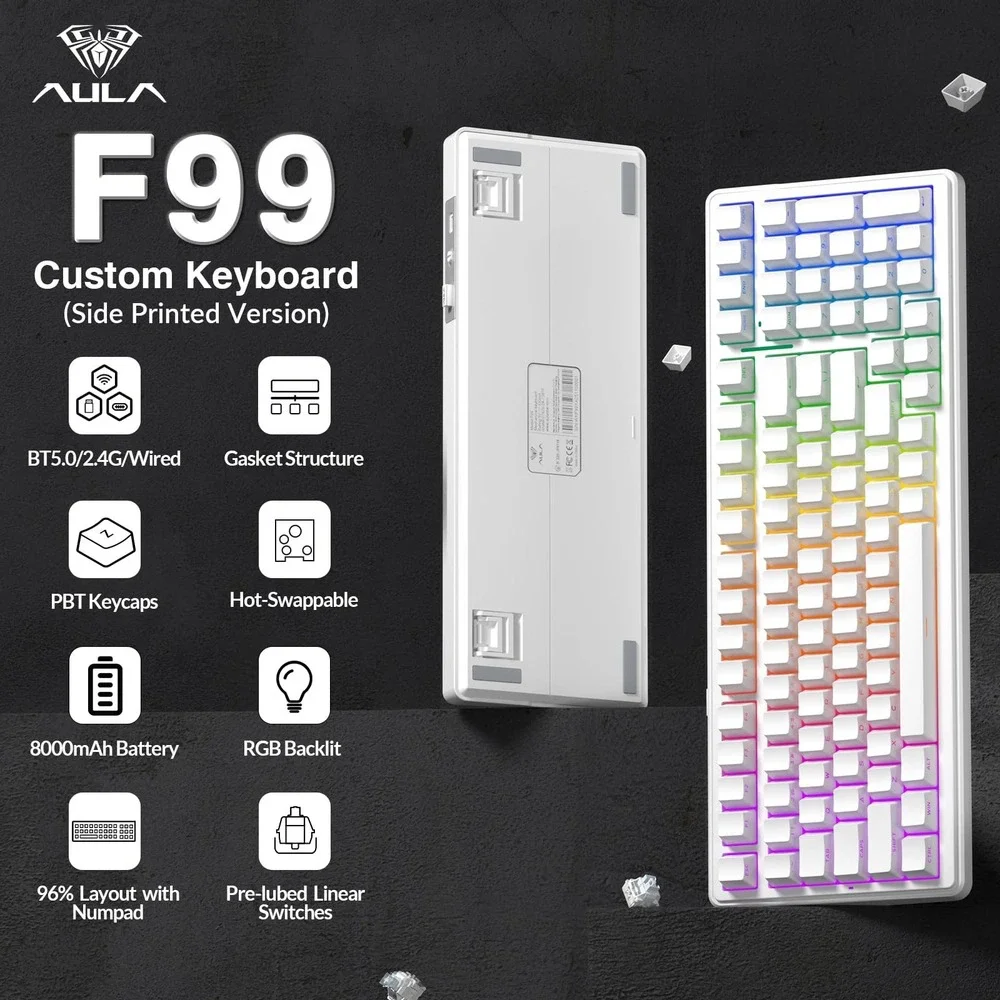 AULA F99 Wireless Mechanical Keyboard RGB Backlit Gaming White Hot-Swappable